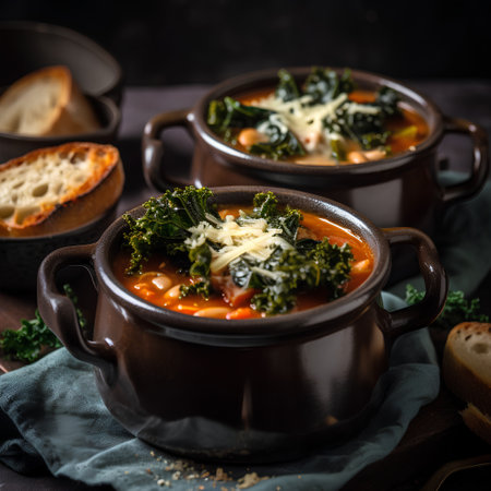Baked beans with kale and cheese in a ceramic pot. Selective focus.の素材