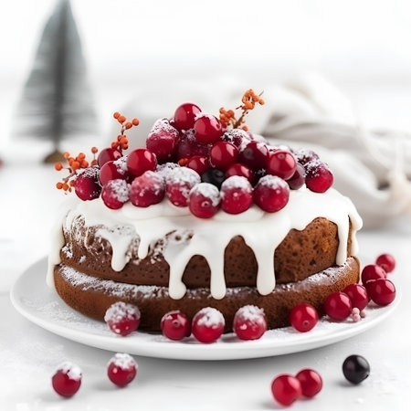 Christmas chocolate cake with cranberries and icing sugar on a white backgroundの素材