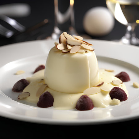 Panna cotta with chocolate, almonds and white wine on black backgroundの素材