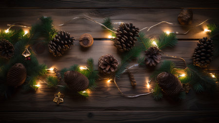 Christmas background with fir branches, pine cones, garland and lights on wooden boardの素材