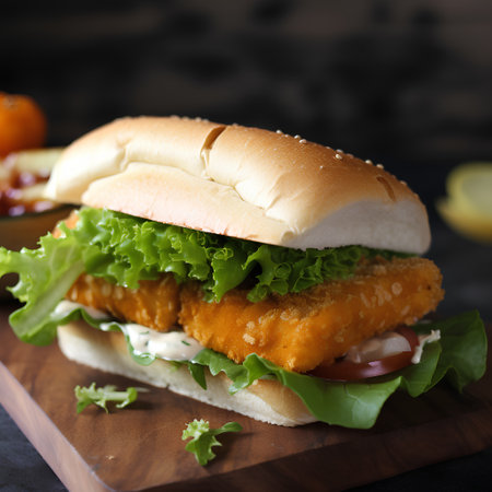 Fish and chips sandwich with lettuce, tomato and onion on wooden boardの素材