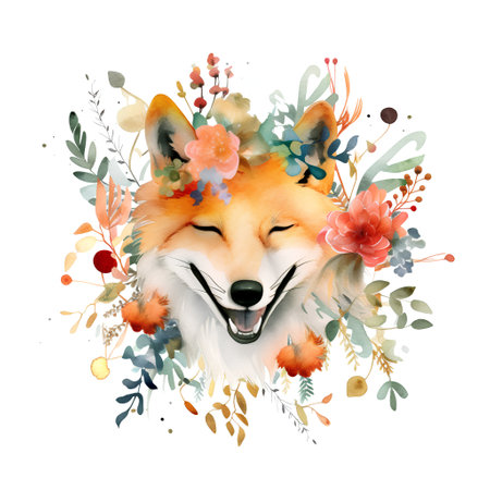 Cute watercolor fox with floral wreath isolated on white backgroundの素材