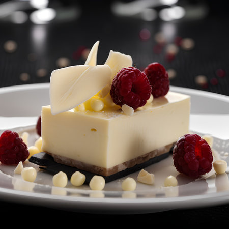 cheesecake with raspberries and chocolate on a black backgroundの素材