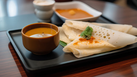Pancakes with curry sauce and sour cream on a wooden tableの素材