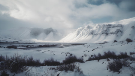 Icelandic winter landscape with snow covered mountains and river. Toned.の素材