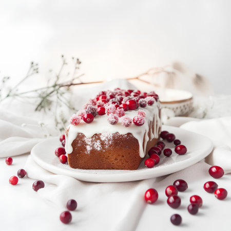 Cranberry bundt cake with icing sugar and fresh cranberries on a white backgroundの素材