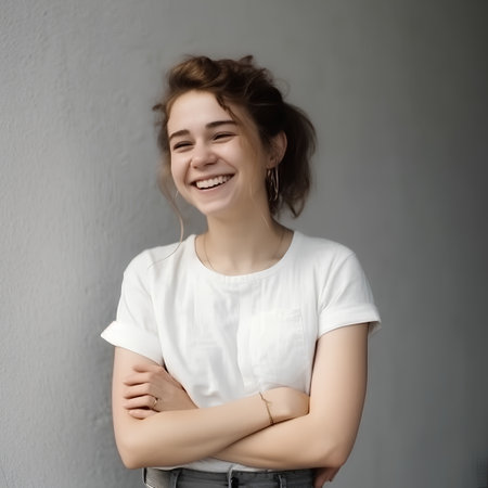 Portrait of a beautiful smiling young woman in white t-shirt.の素材