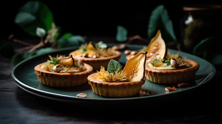Mini pumpkin tarts with pistachios and mint on dark backgroundの素材