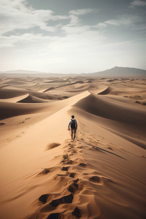Man walking on sand dunes in the Sahara desert, Morocco.の素材