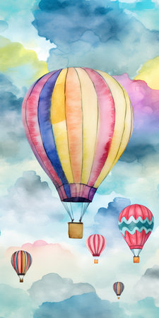 Watercolor illustration of hot air balloons in the sky with clouds.の素材