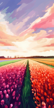Tulip field at sunset. Vector illustration. Spring landscape.の素材