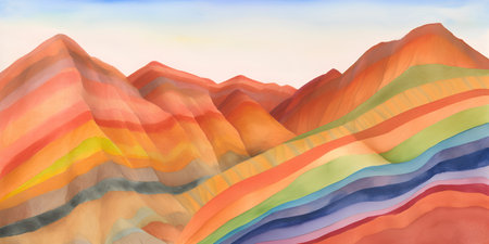 Colorful mountain landscape. Watercolor painting. Hand drawn illustration.の素材