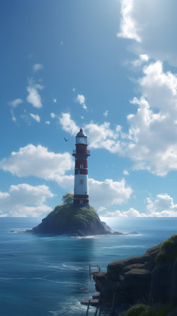 Lighthouse on the island in the ocean. 3d render.の素材