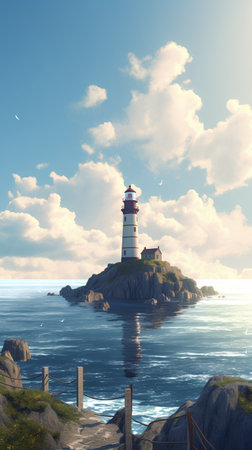 Lighthouse on the island in the sea. 3d render.の素材