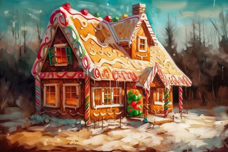 Christmas village with gingerbread houses painted in oil on canvas. Winter landscape.の素材