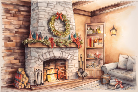 Christmas room with fireplace and christmas wreath, hand drawn illustrationの素材