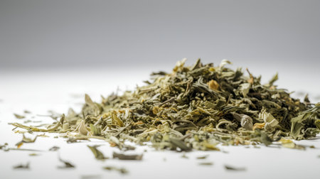 Dried green tea leaves on a white acrylic background. Selective focus.の素材
