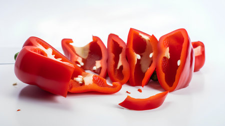 Sliced red bell pepper on a white background. Selective focus.の素材