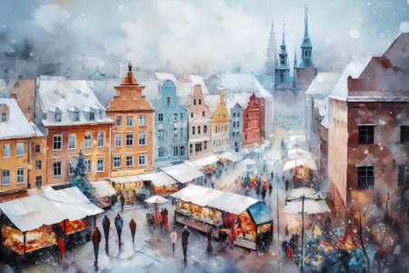 Winter in the old town of Gdansk. Watercolor paintingの素材