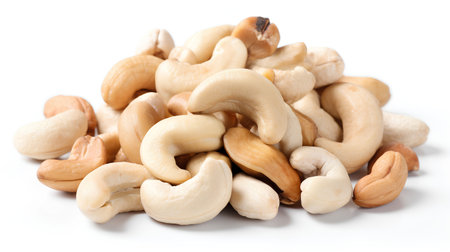 Heap of cashew nuts isolated on white background. Close up.の素材
