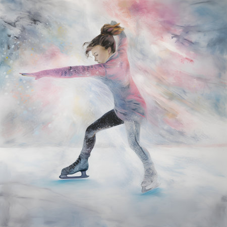 young woman figure skating on the ice in winter, watercolor paintingの素材