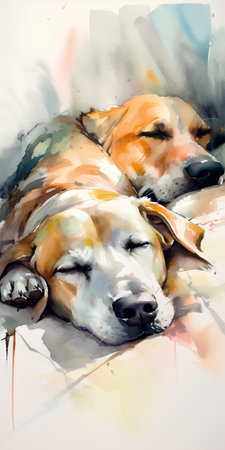 Watercolor painting of a sleeping dog. Digital painting on canvas.の素材