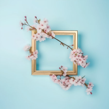 Frame with cherry blossom flowers on blue background. Flat lay, top viewの素材