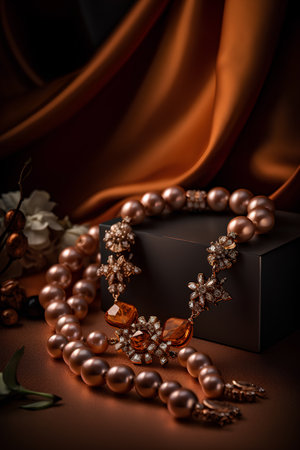 Beautiful necklace with pearls on a dark background close-upの素材