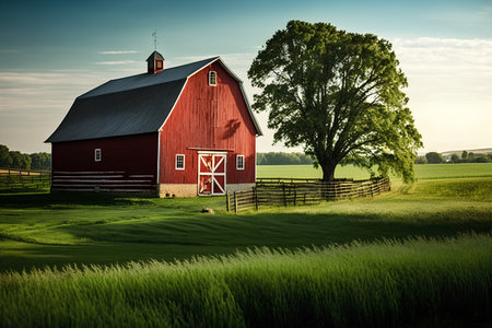 American Countryside with Red Barn and Blue Sky, HDR Image.の素材