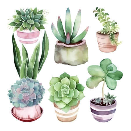 Watercolor succulents in pots. Hand drawn vector illustration.の素材