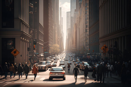 Manhattan street view with traffic and people.の素材
