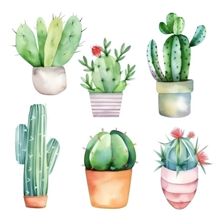 Watercolor cacti in pots. Hand drawn vector illustration.の素材