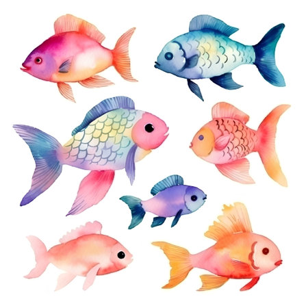 Watercolor fishes set. Hand drawn illustration isolated on white background.の素材