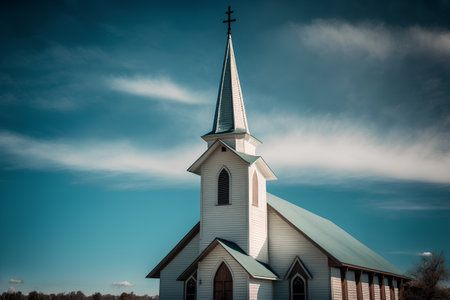 Old wooden church with blue sky and clouds in the background. Toned.の素材
