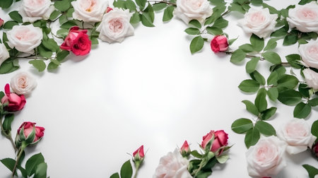 Frame of white and pink roses with green leaves on a white backgroundの素材