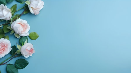 White and pink roses on a blue background with copy space for textの素材