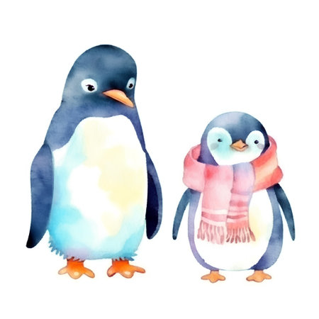 Two penguins with scarf isolated on white background. Watercolor illustration.の素材