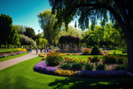 Beautiful spring park with blooming flowers and people walking in the parkの素材