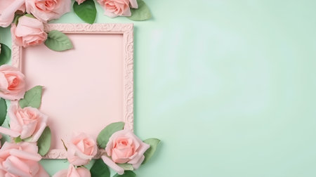 Pink roses frame on pastel green background. Flat lay, top viewの素材