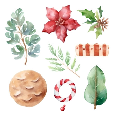 Watercolor christmas elements set. Hand drawn watercolor illustration.の素材