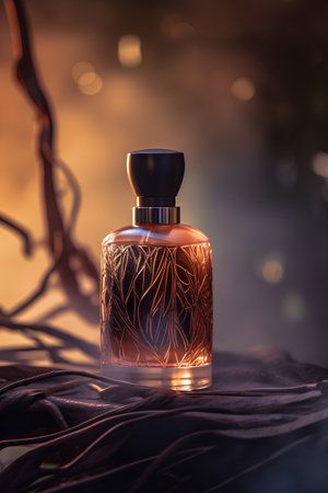 Bottle of perfume on a black background with a beautiful pattern.の素材