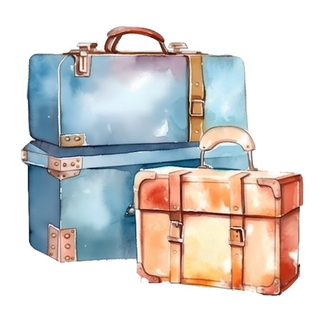 Watercolor hand drawn illustration of two blue and brown vintage suitcasesの素材