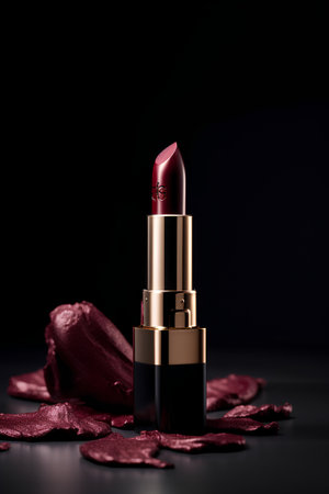 Lipstick on a black background with red rose petals.の素材