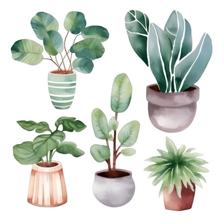 Watercolor potted plants set. Hand drawn illustration isolated on white backgroundの素材