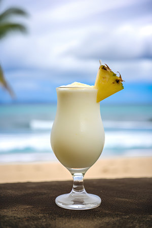 Pina colada cocktail on the beach with sea and sky backgroundの素材