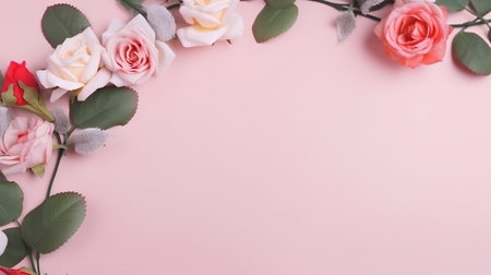Pink and white roses on a pink background with copy space for textの素材