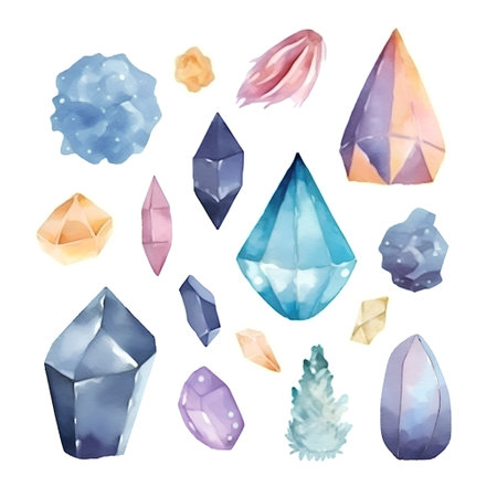 Watercolor crystals set isolated on white background. Hand drawn illustration.の素材