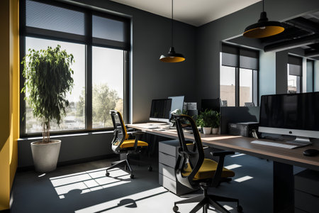 Interior of modern office with gray walls, concrete floor, comfortable computer tables and yellow chairs. 3d renderingの素材