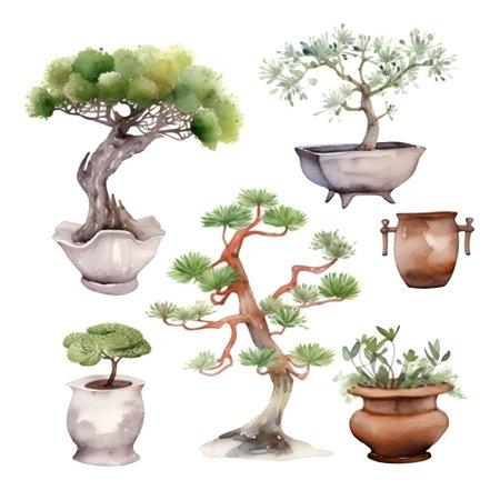 Bonsai collection. Hand drawn watercolor illustration isolated on white backgroundの素材