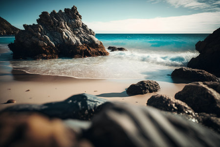 Beautiful seascape with turquoise water and rocks. Filtered image processed vintage effect.の素材